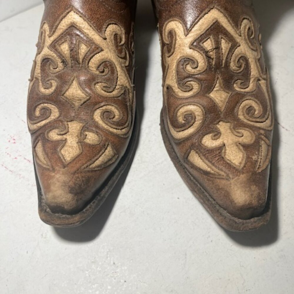 Tony Lama Brown and Cream Heeled Boots - Picture 9 of 11